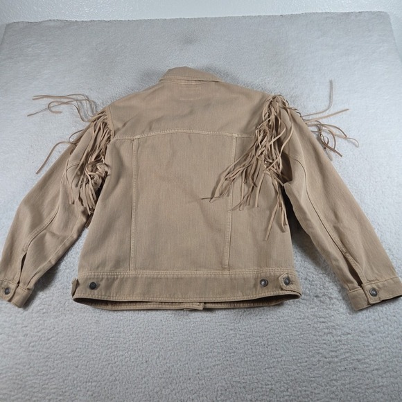 We The Free People After Hours Fringe Denim Jacket in Taupe Tan Size Medium - Picture 5 of 6